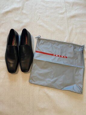 Prada Linea Rossa Black Leather Rubber Sole Loafers Size 11